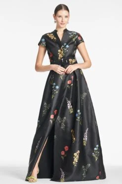 Marta Gown - Noir Bouquet -SACHIN & BABI Shop MARTAGOWN BELTED NOIRBOUQUET FRONT