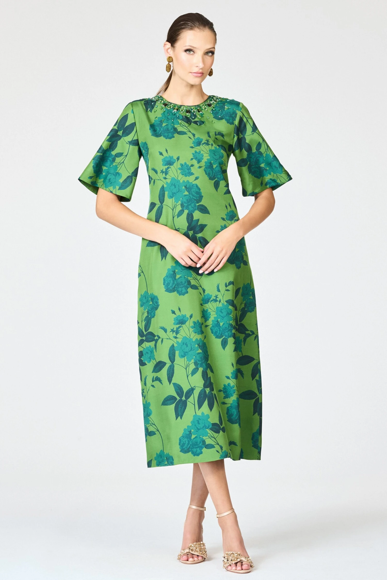 EMBELLISHED LEMIE DRESS - EMPRESS GREEN ROSES 3 EMBELLISHED LEMIE DRESS - EMPRESS GREEN ROSES